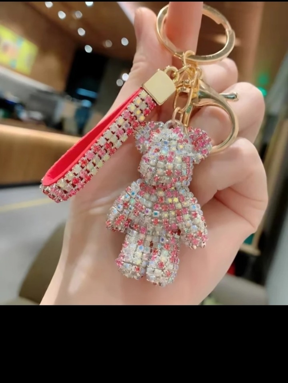 Sparkling Pink Crystal Bear Keychain with Wrist Strap (35 Pcs)